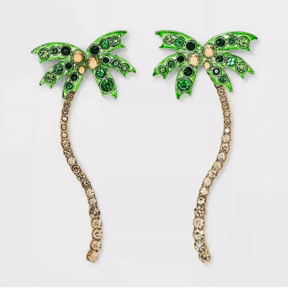 NWT SUGARFIX by BaubleBar Stay Palm Statement Earrings Green Palm Tree Vacation